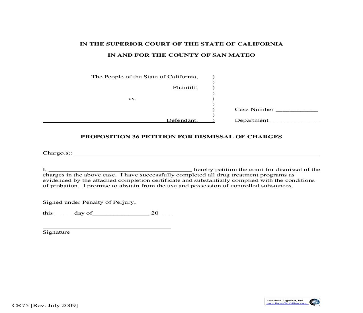 Proposition 36 Petition For Dismissal Of Charges {CR75} | Pdf Fpdf Doc Docx | California