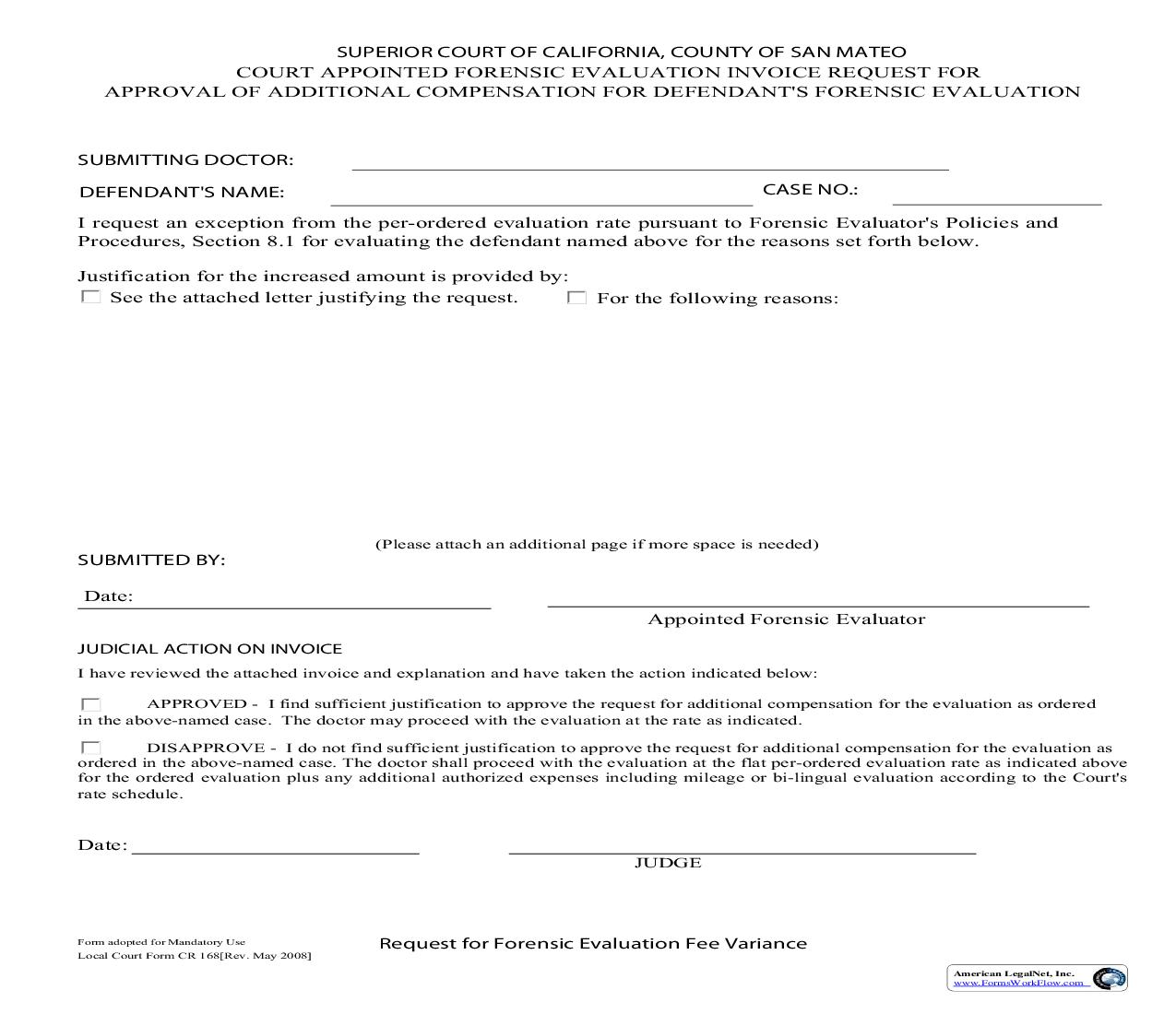 Request For Forensic Evaluation Fee Variance {CR-168} | Pdf Fpdf Doc Docx | California