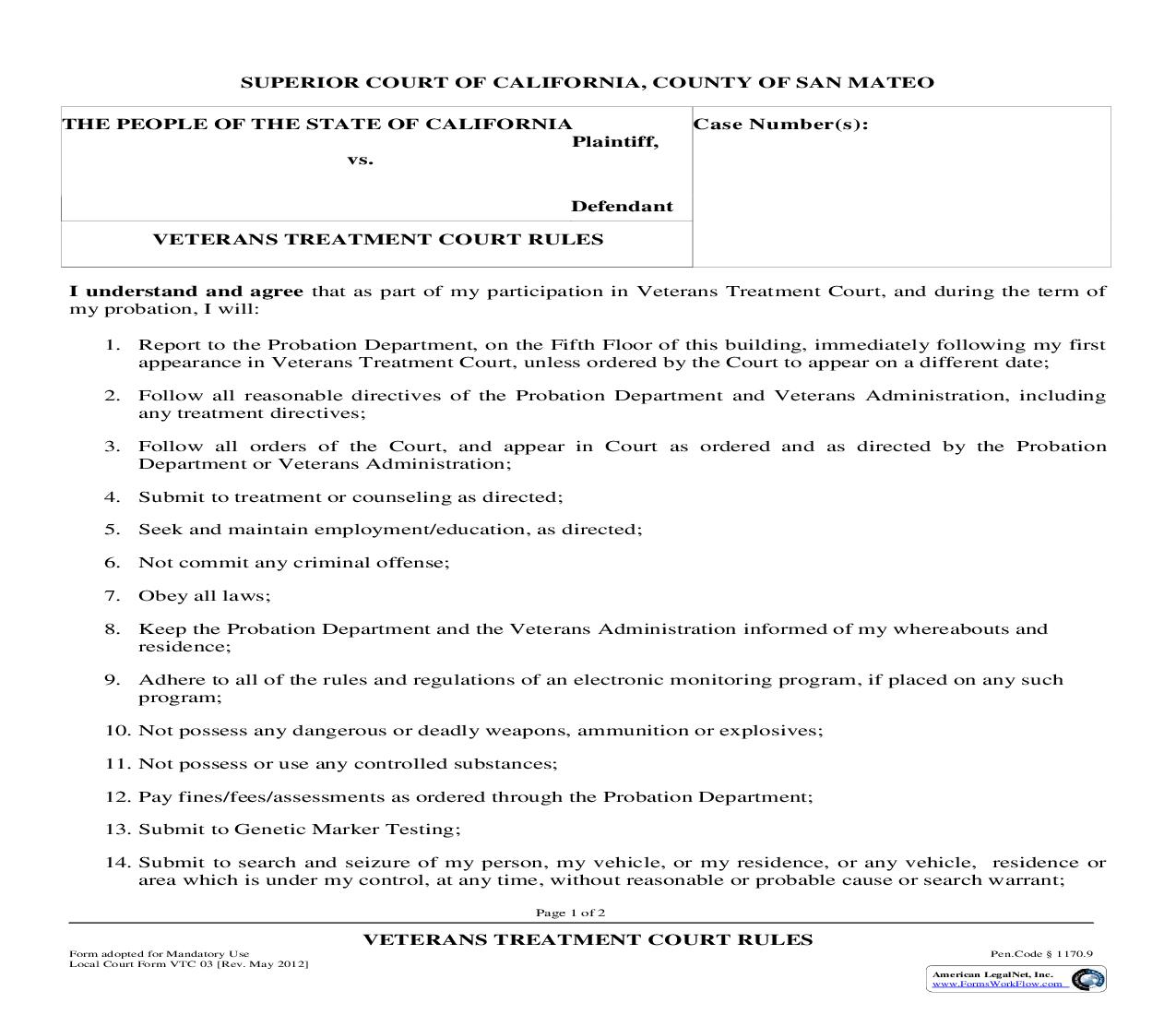 Veterans Treatment Court Rules {VTC 03} | Pdf Fpdf Doc Docx | California