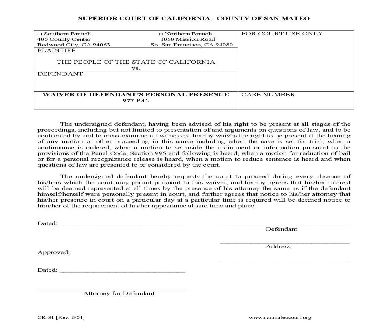 Waiver Of Defendants Personal Presence 977 PC {CR-31} | Pdf Fpdf Doc Docx | California