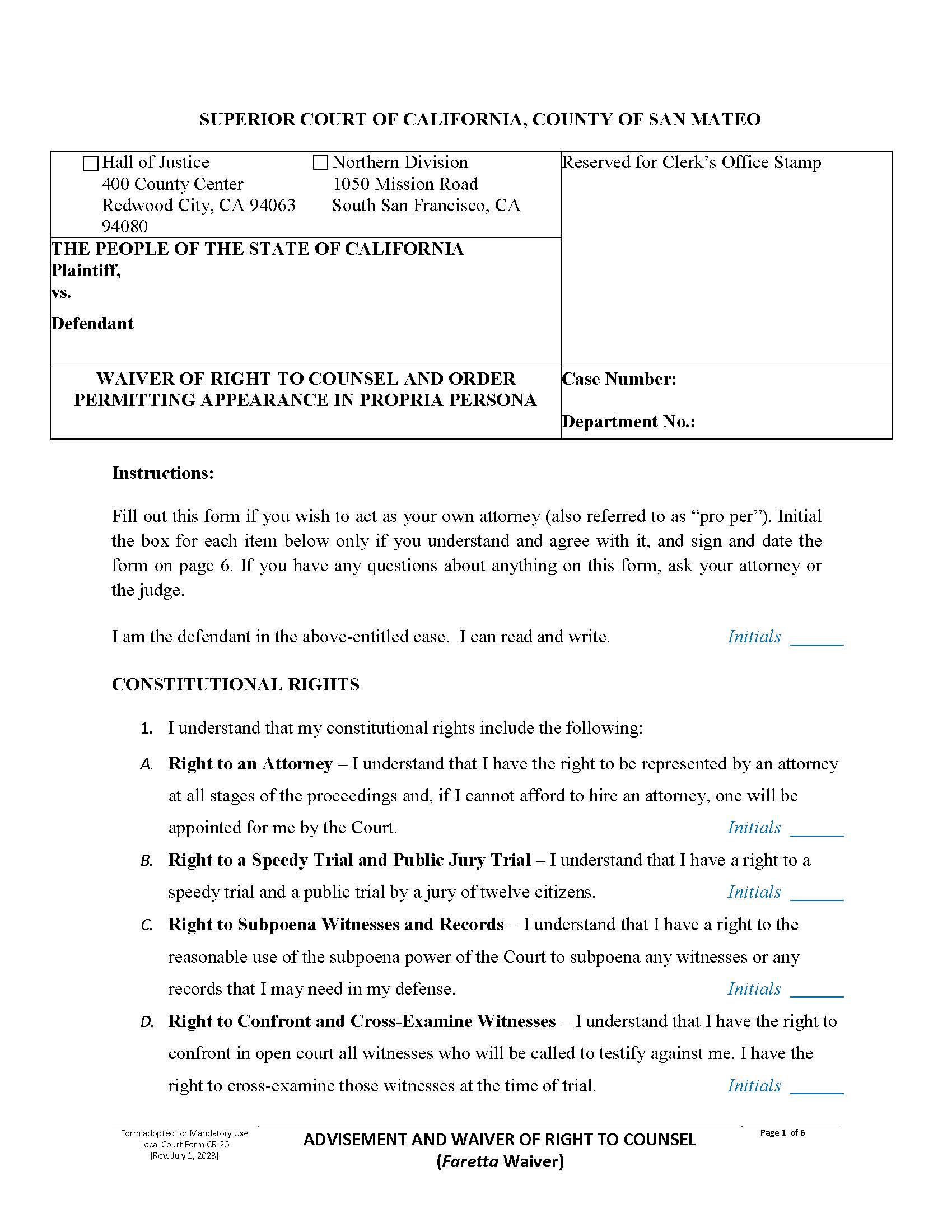 Waiver Of Right To Counsel And Order Permitting Appearance In Propria Persona {CR-25} | Pdf Fpdf Doc Docx | California