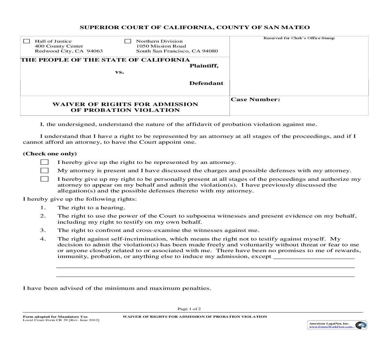 Waiver Of Rights For Admission Of Probation Violation {CR-39} | Pdf Fpdf Doc Docx | California