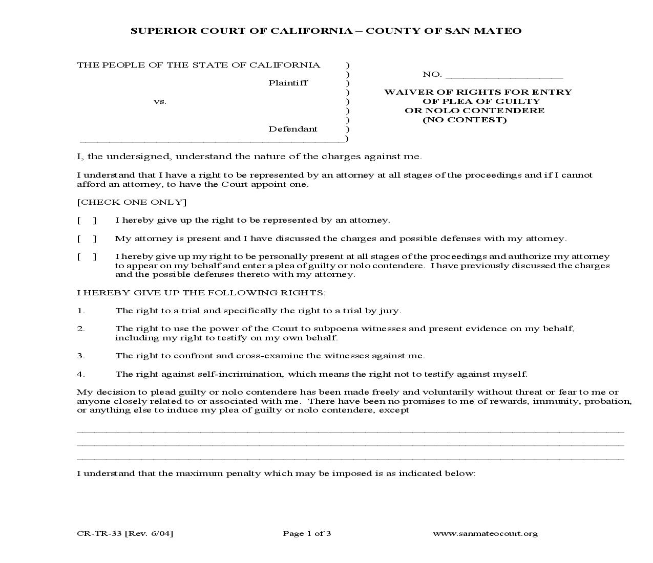 Waiver Of Rights For Entry Of Plea Of Guilty Or Nolo Contendere (No Contest) {CR-TR-33} | Pdf Fpdf Doc Docx | California