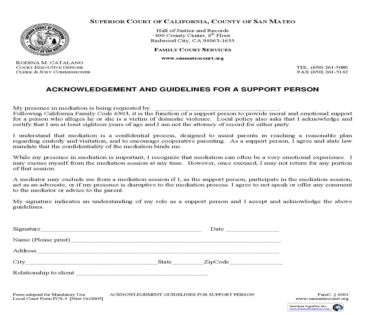 Acknowledgement And Guidelines For A Support Person {FCS-3} | Pdf Fpdf Docx | California