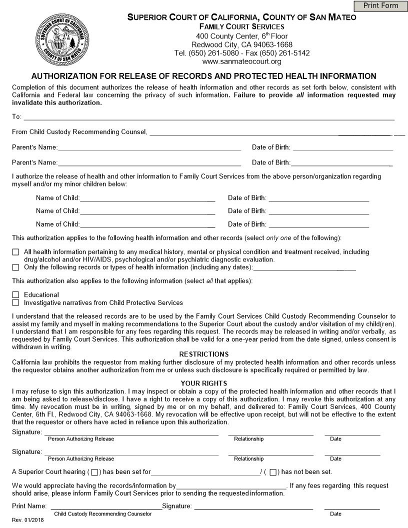 Authorization For Release Of Records And Protected Health Information {FCS-2} | Pdf Fpdf Doc Docx | California