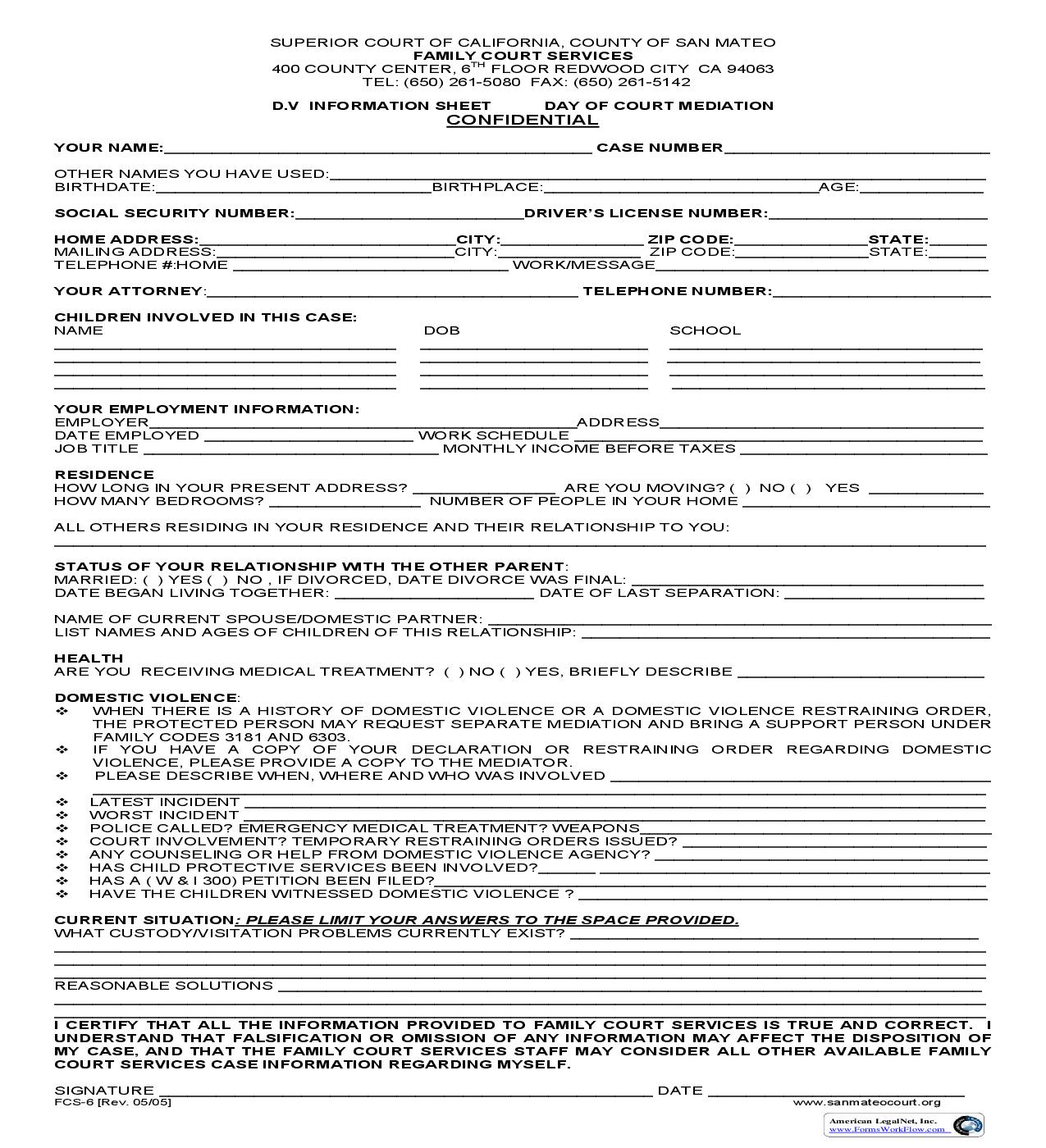 DV Information Sheet Day Of Court Mediation {FCS-6} | Pdf Fpdf Doc Docx | California