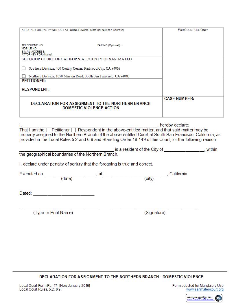Declaration For Assignment To The Northern Department-Domestic Violence {FL-17} | Pdf Fpdf Docx | California