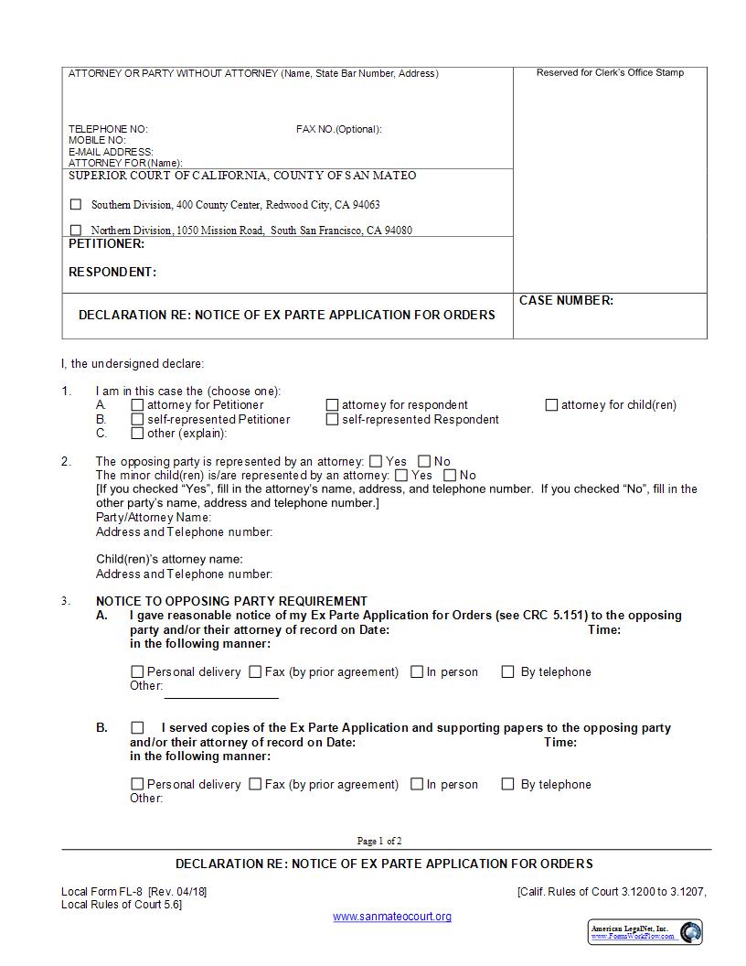 Declaration Re Notice Of Ex Parte Application For Orders {FL-8} | Pdf Fpdf Docx | California