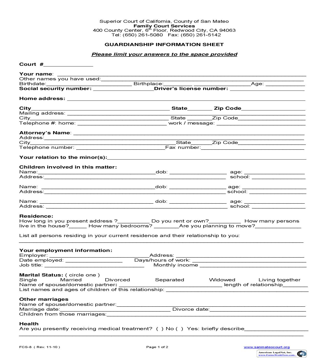 Guardianship Information Form {FCS-8} | Pdf Fpdf Doc Docx | California