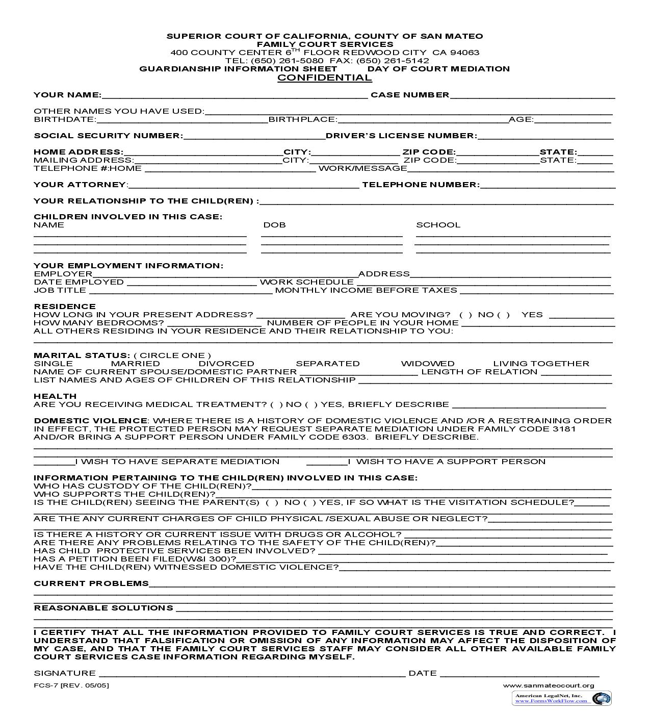 Guardianship Information Sheet Day Of Court Mediation {FCS-7} | Pdf Fpdf Doc Docx | California