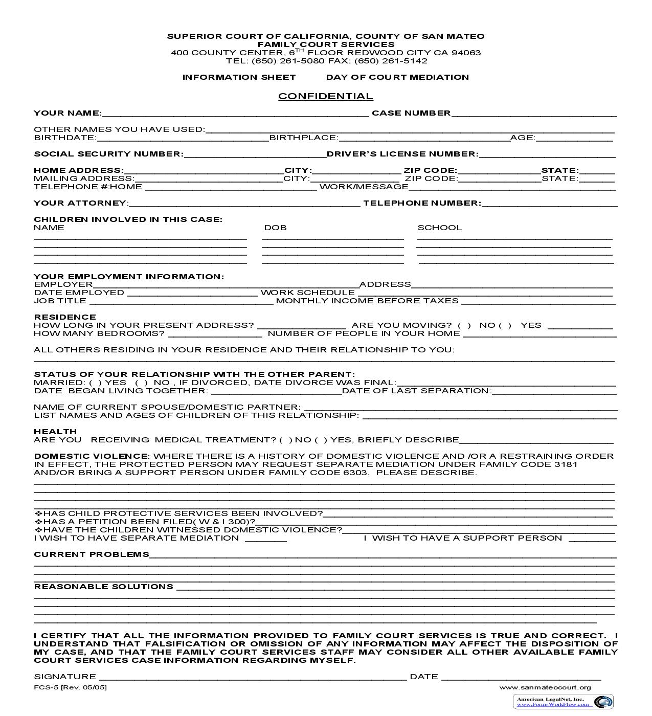 Information Sheet Day Of Court Mediation {FCS-5} | Pdf Fpdf Doc Docx | California