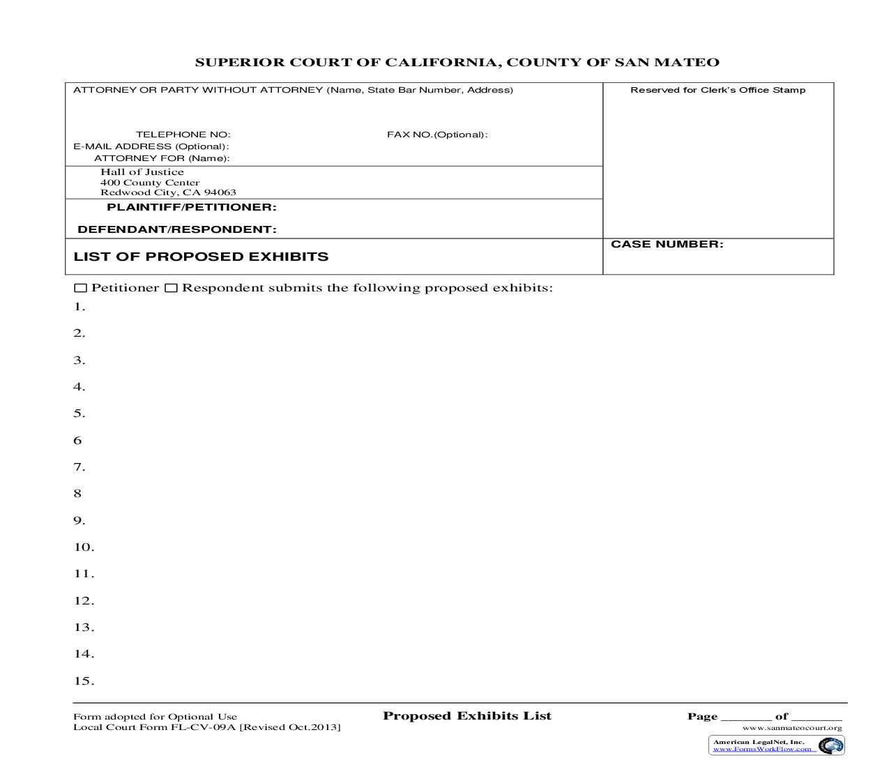 List Of Proposed Exhibits {FL-CV-09A} | Pdf Fpdf Doc Docx | California