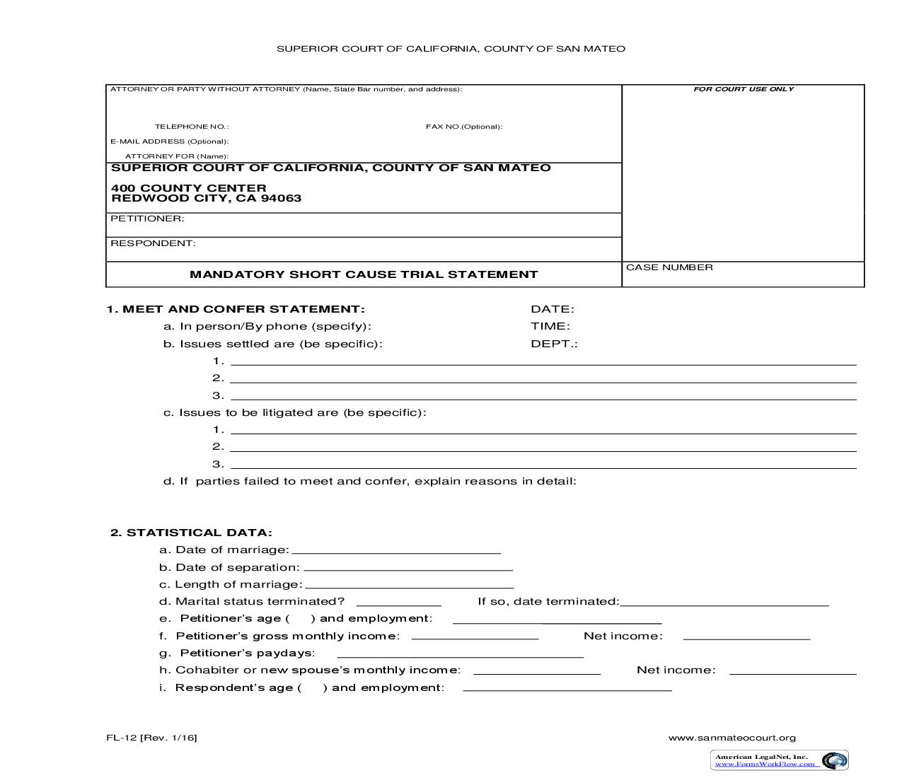 Mandatory Short Cause Trial Statement {FL-12} | Pdf Fpdf Doc Docx | California