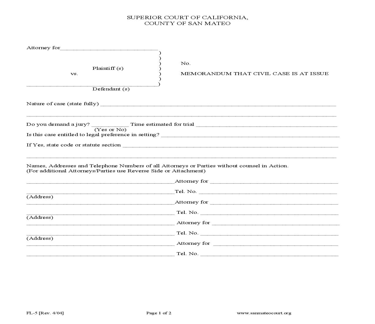 Memorandum That Civil Case Is At Issue {FL-5} | Pdf Fpdf Doc Docx | California