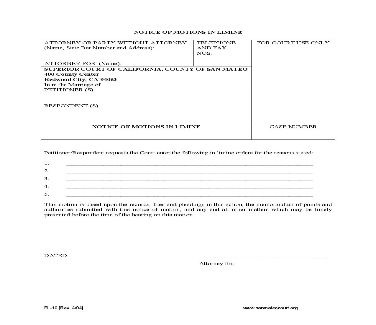 Notice Of Motions In Liminie {FL-10} | Pdf Fpdf Doc Docx | California
