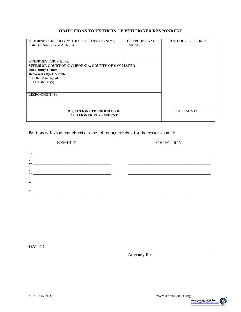 Objections To Exhibits Of Petitioner-Respondent {FL-9} | Pdf Fpdf Docx | California