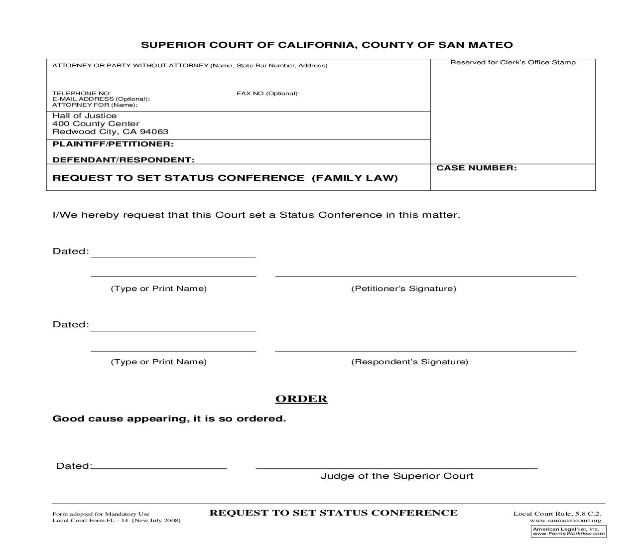 Request To Set Status Conference {FL-14} | Pdf Fpdf Doc Docx | California