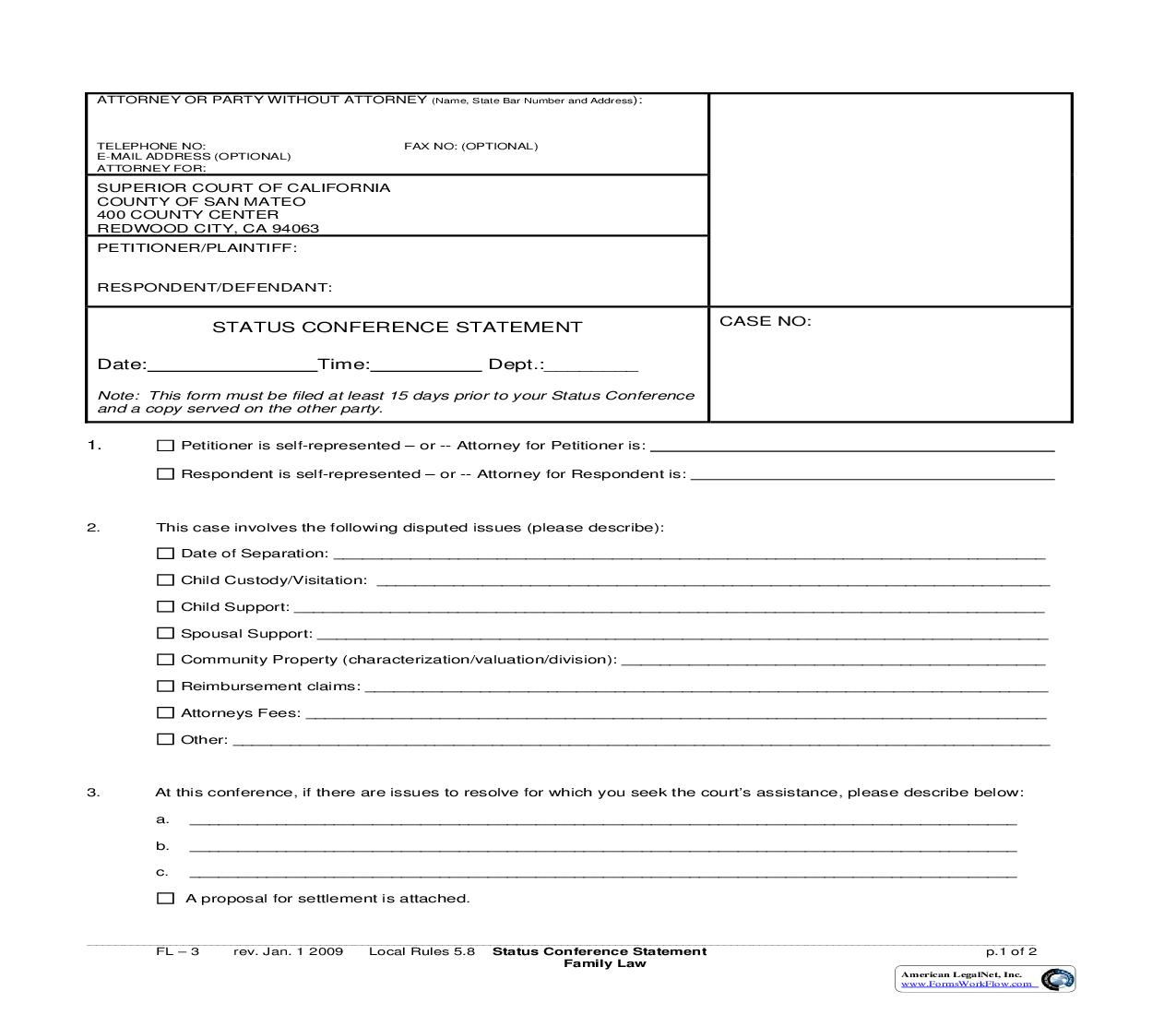 Status Conference Statement {FL-3} | Pdf Fpdf Doc Docx | California