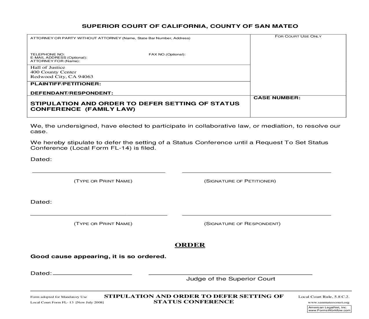 Stipulation And Order To Defer Setting Of Status Conference {FL-13} | Pdf Fpdf Doc Docx | California