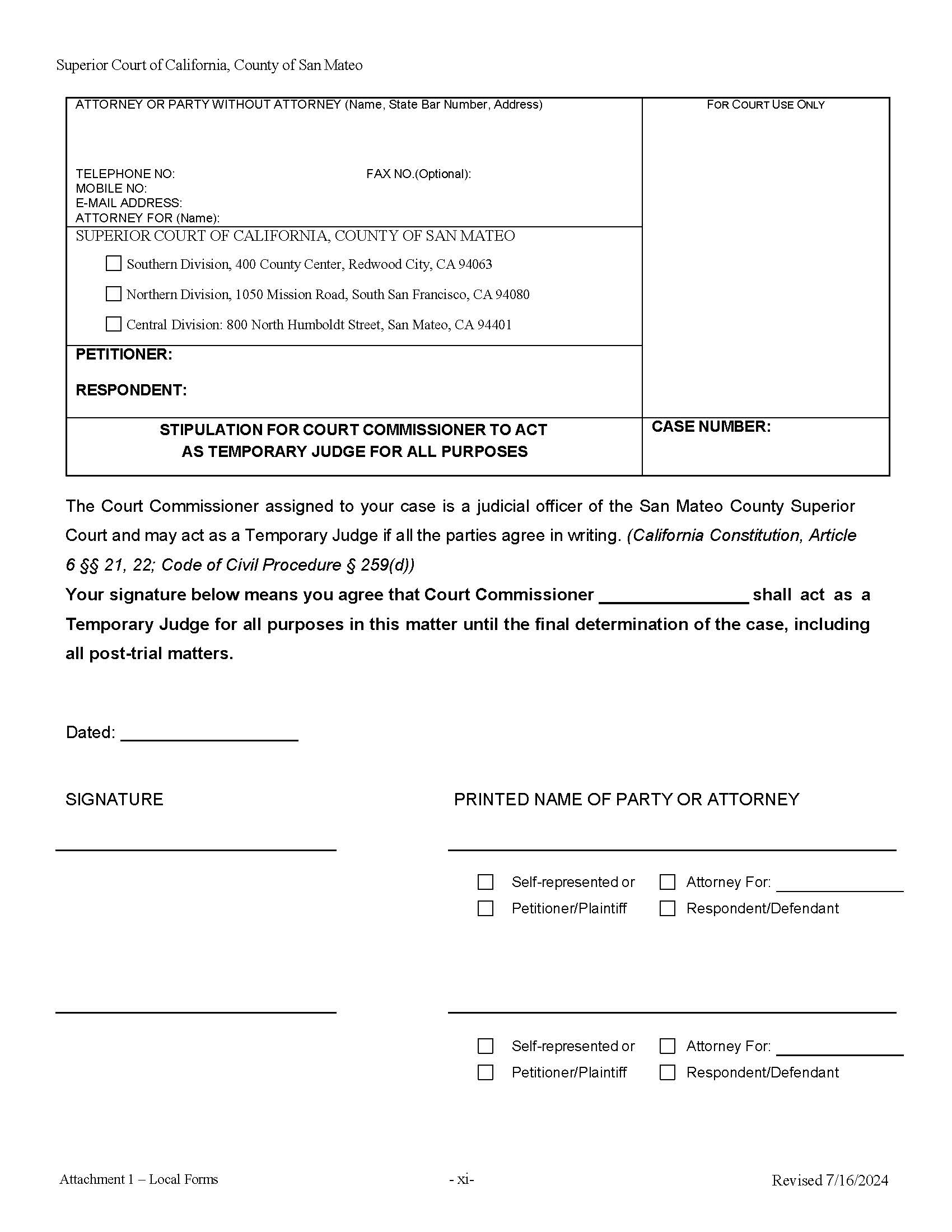 Stipulation For Court Comissioner To Act As Temporary Judge {AD-10} | Pdf Fpdf Docx | California