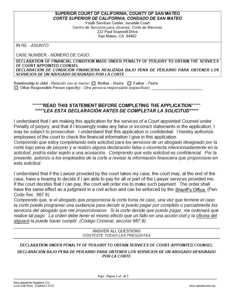 Declaration Of Financial Condition Made Under Penalty Of Perjury {JV-12} | Pdf Fpdf Doc Docx | California