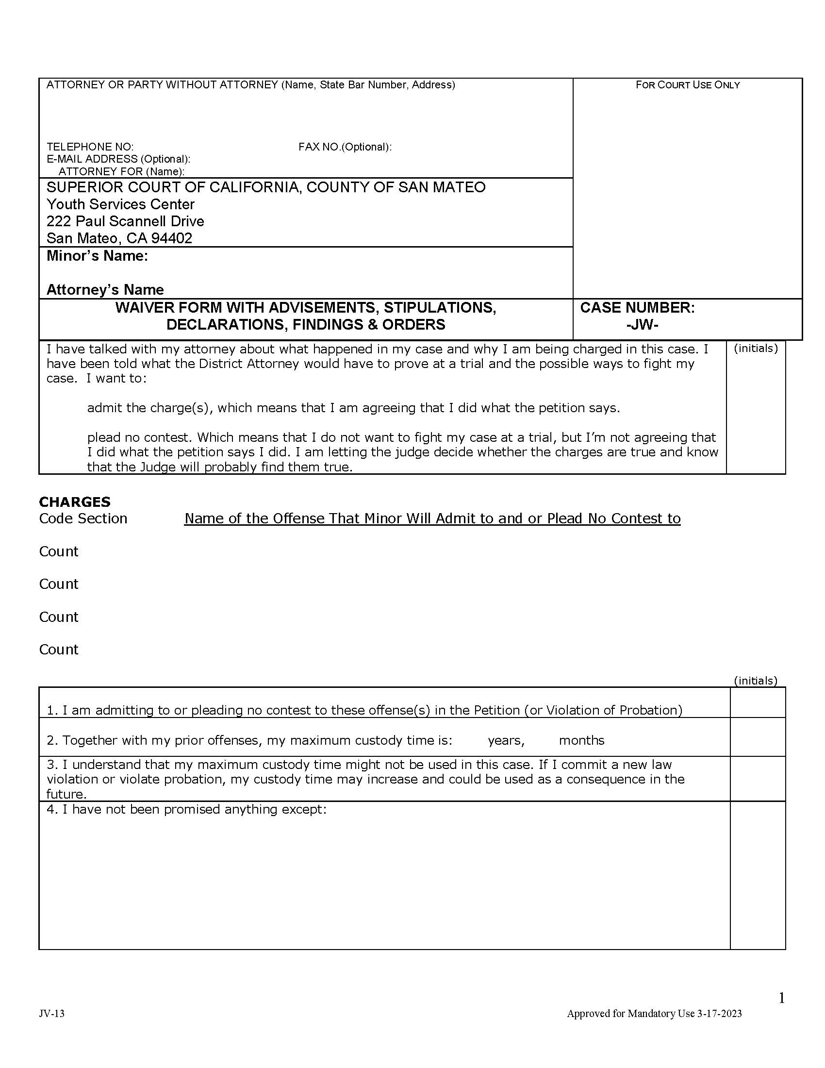 Waiver Form With Advisements Stipulations Declarations Findings And Orders {JV-13} | Pdf Fpdf Docx | California