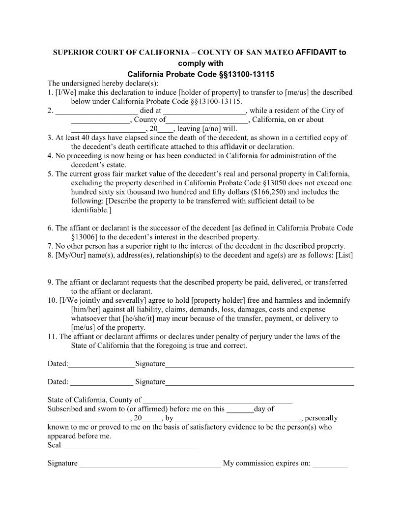 Affidavit To Comply With California Probate Code 13100-13115 {PR-8} | Pdf Fpdf Docx | California