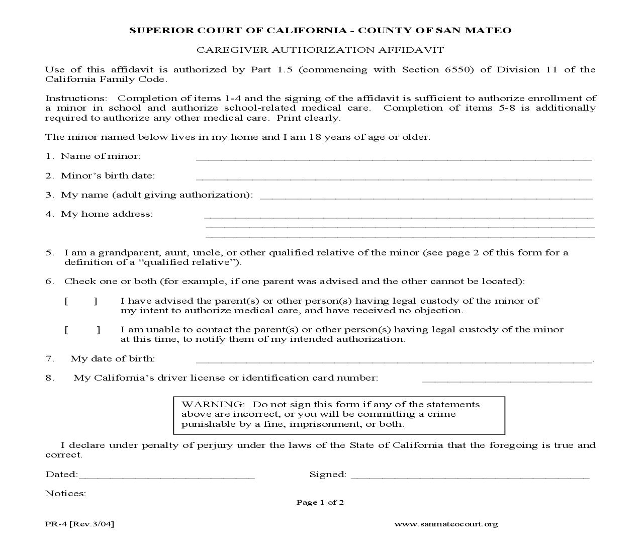 Cargiver Authorization Affidavit {PR-4} | Pdf Fpdf Doc Docx | California