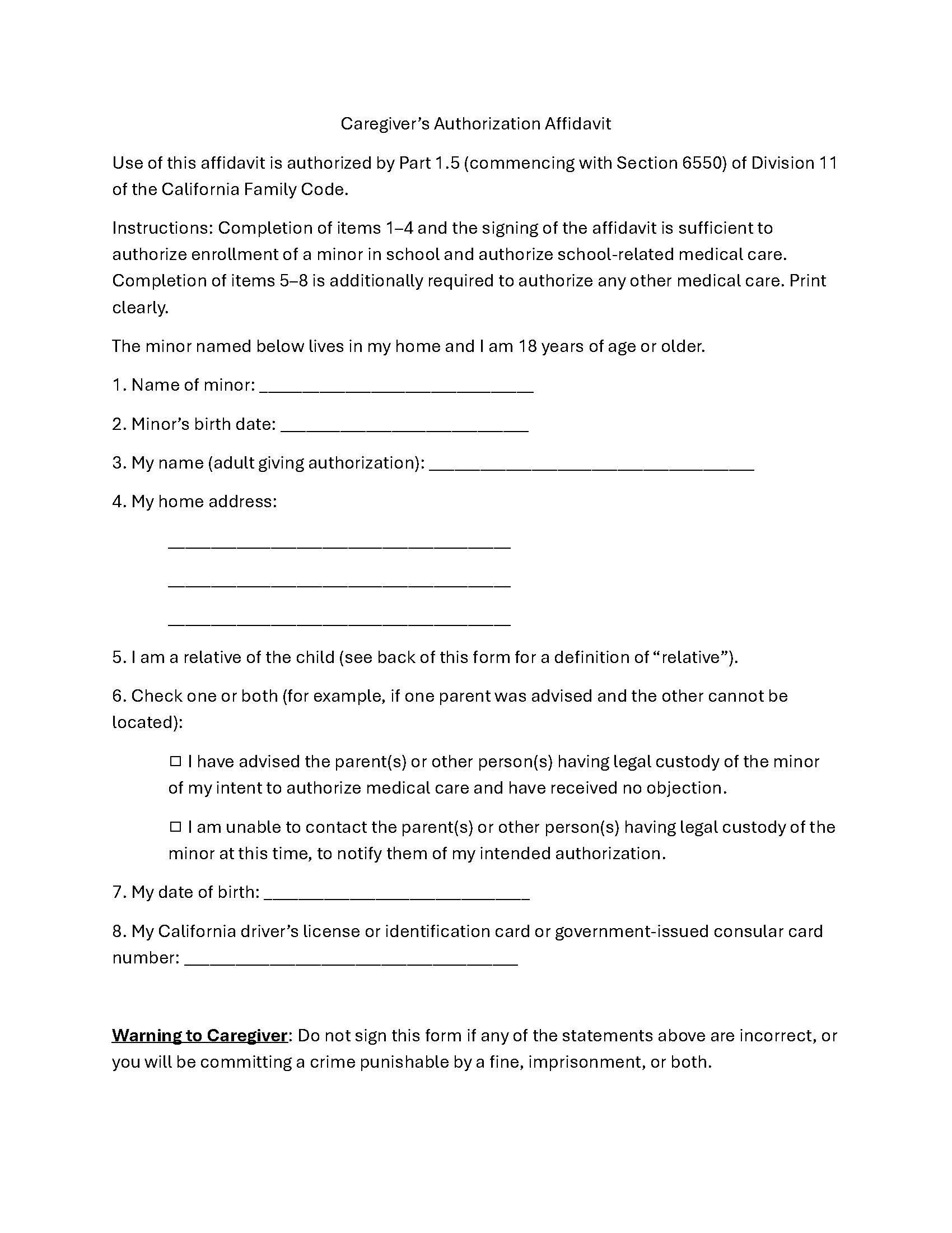 Cargiver Authorization Affidavit {PR-4} | Pdf Fpdf Doc Docx | California