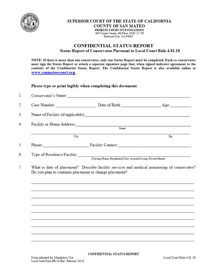 Confidential Status Report {PR-19} | Pdf Fpdf Doc Docx | California