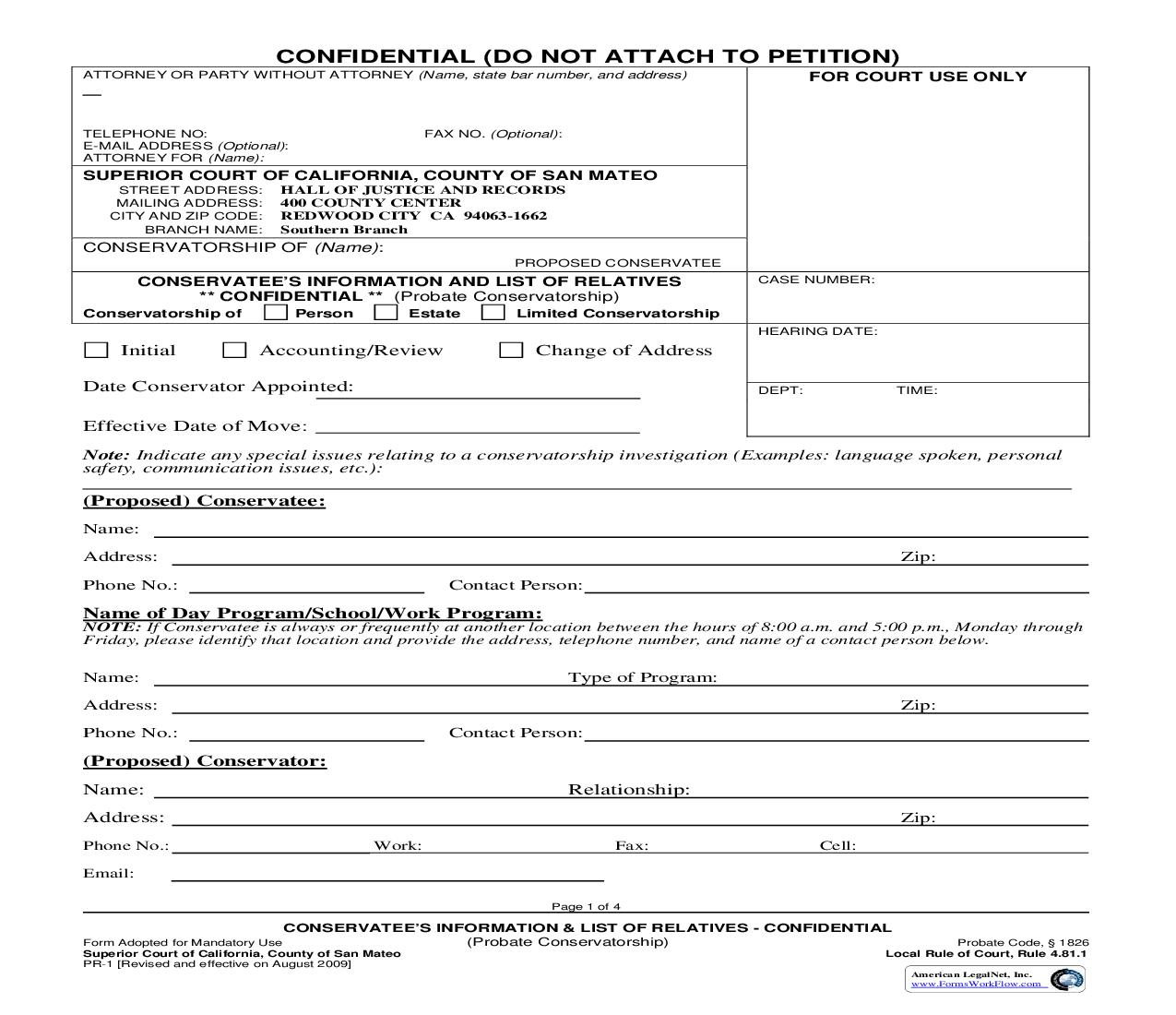 Conservatees Information And List Of Relatives-Confidential {PR-1} | Pdf Fpdf Doc Docx | California