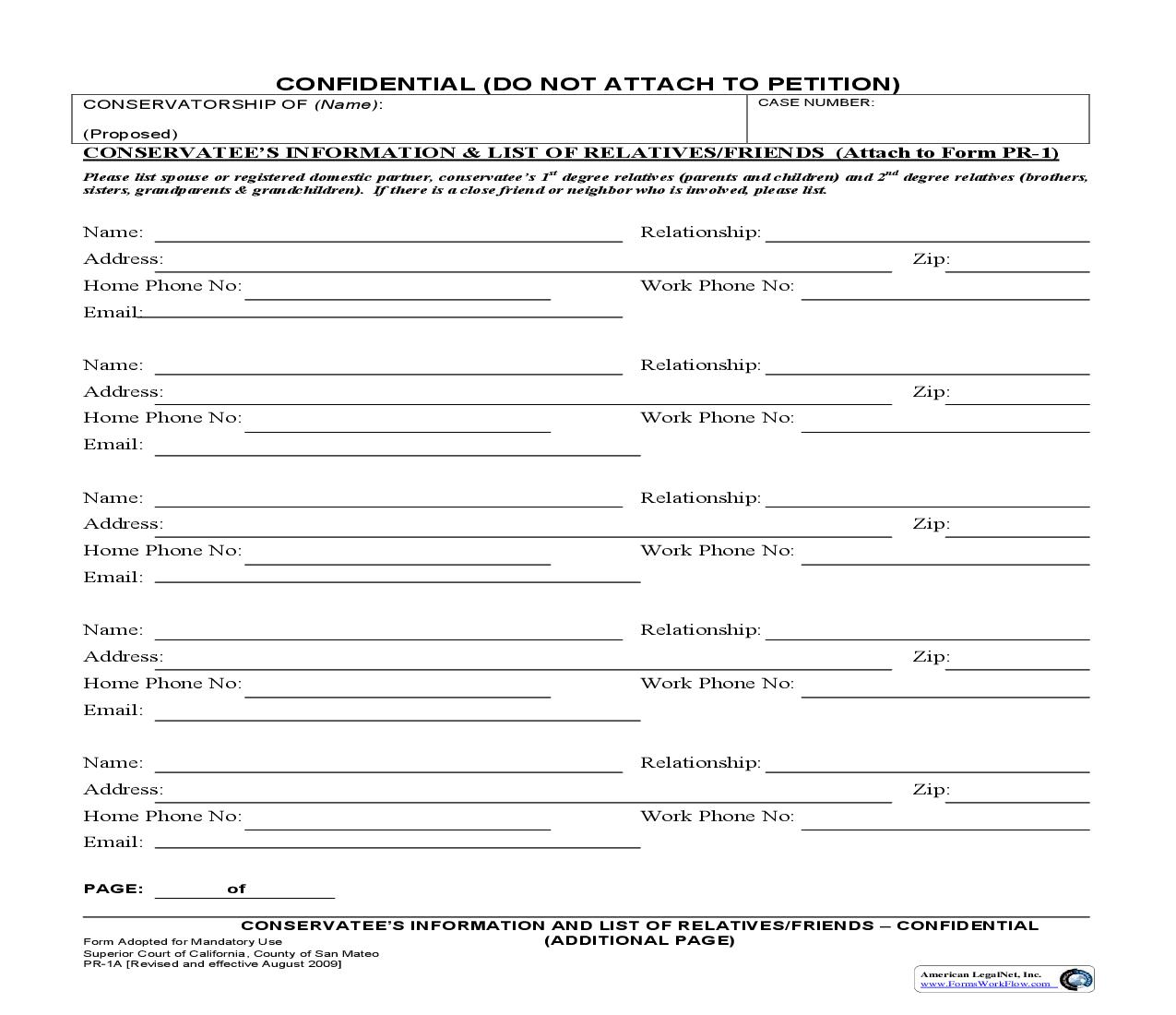 Conservatees Information And List Of Relatives-Friends-Confidential (Additional Page) {PR-1A} | Pdf Fpdf Doc Docx | California