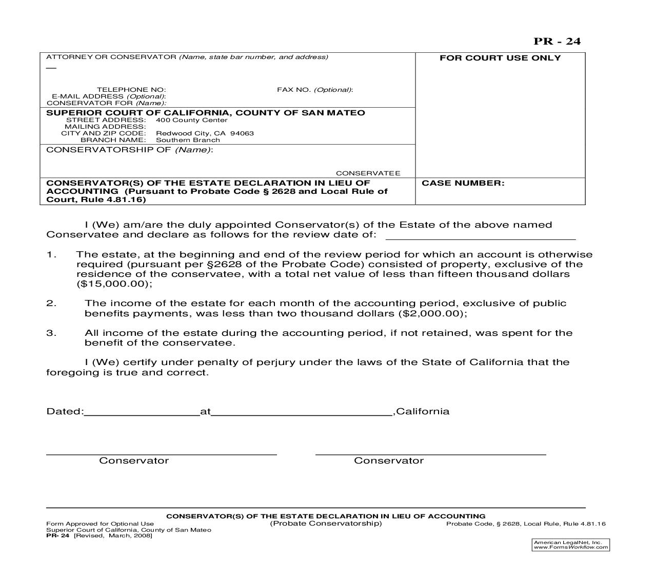 Conservator(s) Of The Estate Declaration In Lieu Of Accounting {PR-24} | Pdf Fpdf Doc Docx | California