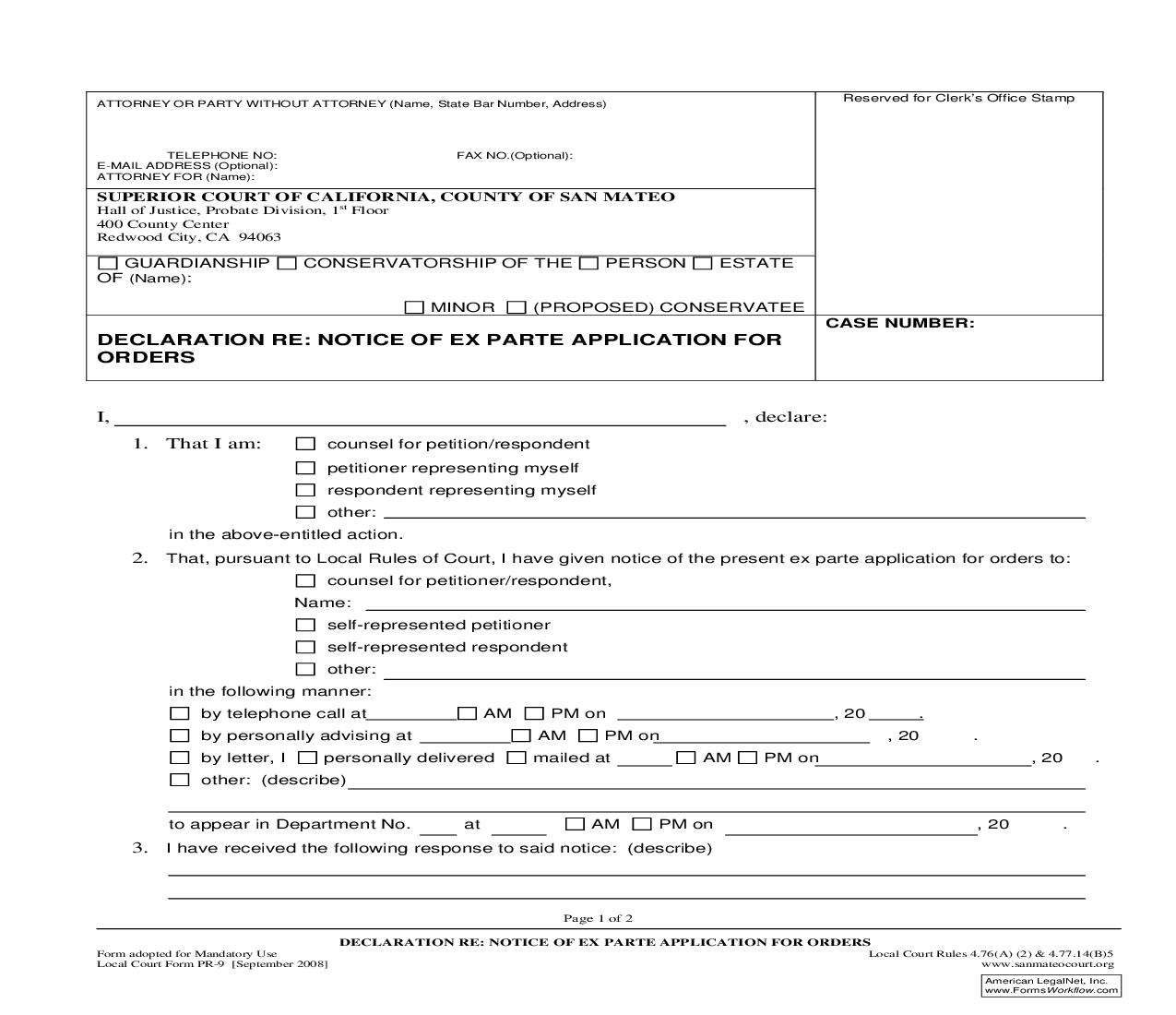 Declaration Re Notice Of Exparte Application For Orders {PR-9} | Pdf Fpdf Doc Docx | California