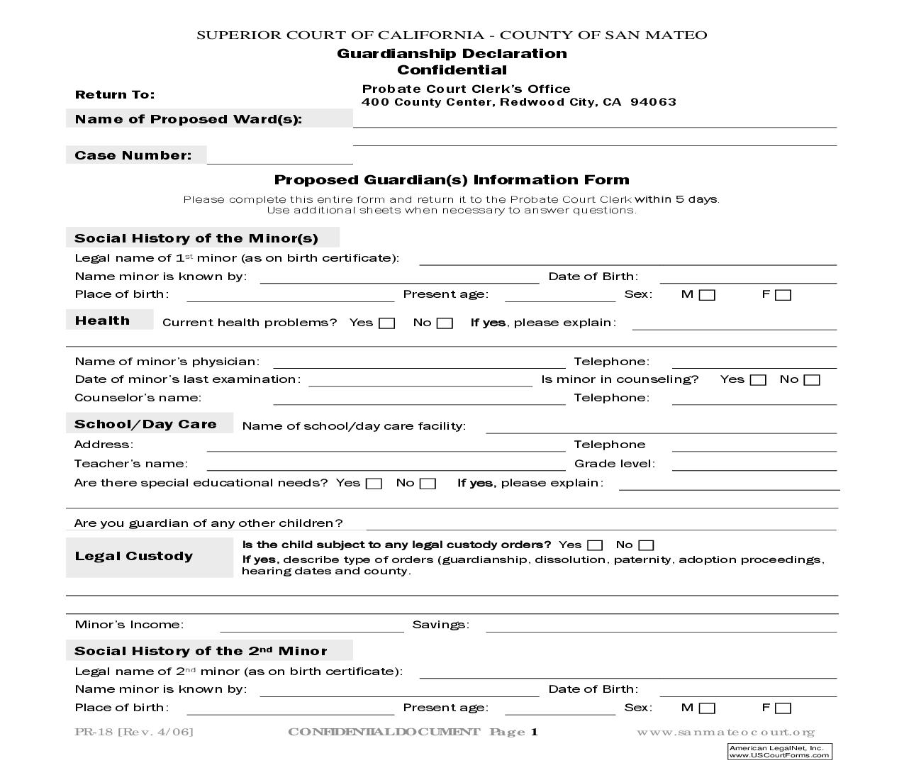 Guardianship Affidavit Questionnaire And Declaration {PR-18} | Pdf Fpdf Docx | California