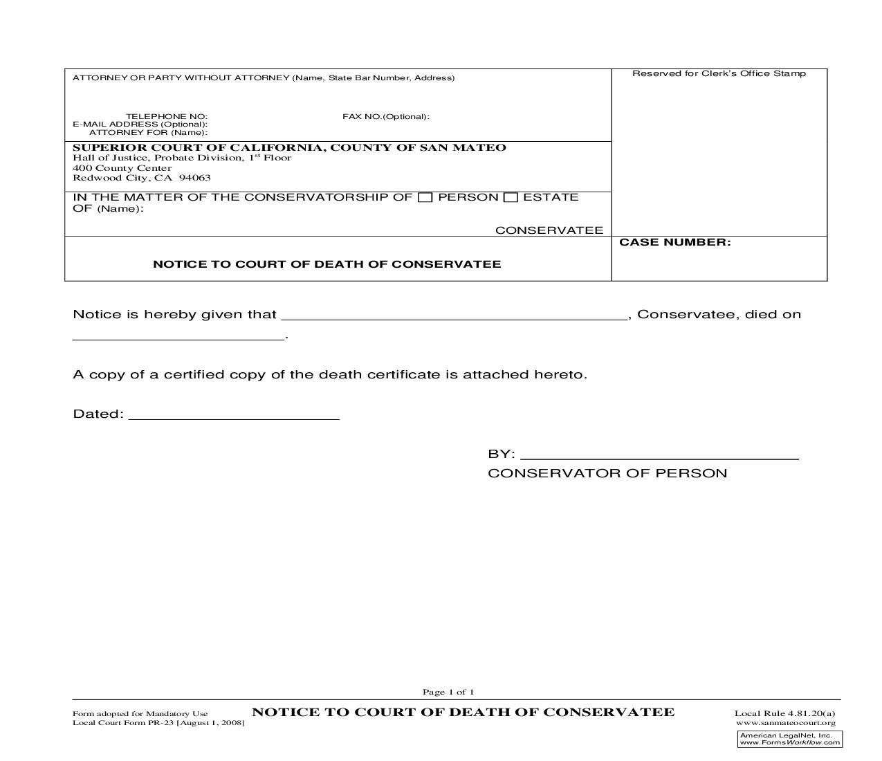 Notice To Court Of Death Of Conservatee {PR-23} | Pdf Fpdf Doc Docx | California