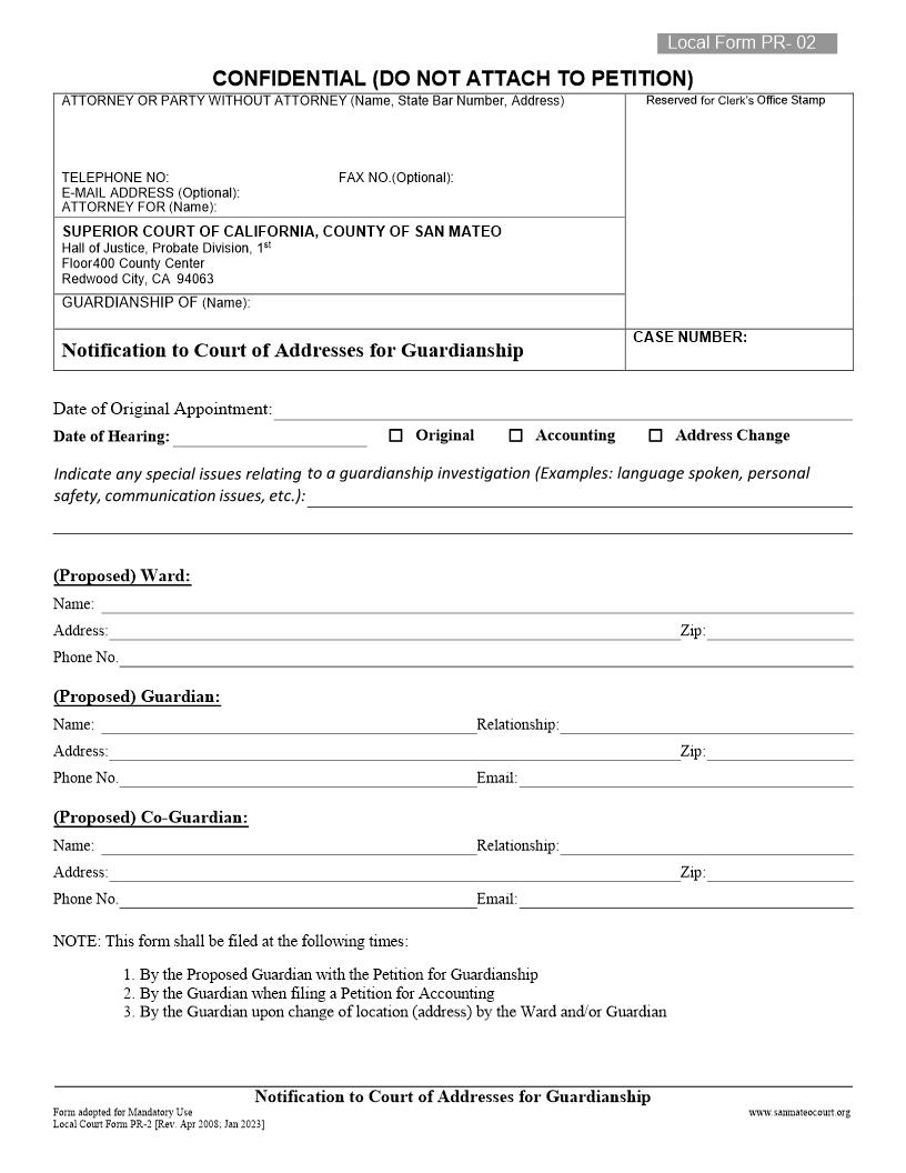 Notification To Court Of Addresses For Guardianship {PR-2} | Pdf Fpdf Doc Docx | California