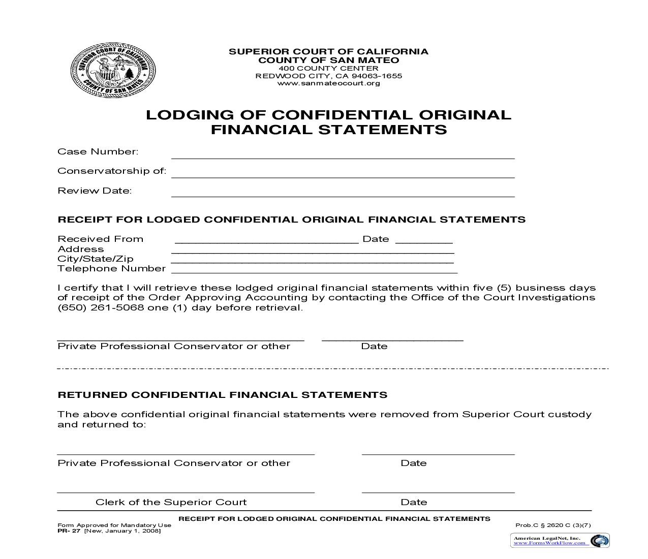 Receipt For Lodged Original Confidential Financial Statements {PR-27} | Pdf Fpdf Doc Docx | California