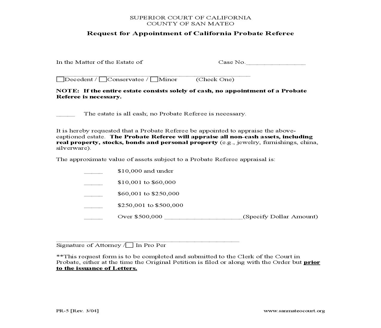 Request For Appointment Of California Probate Referee {PR-5} | Pdf Fpdf Doc Docx | California