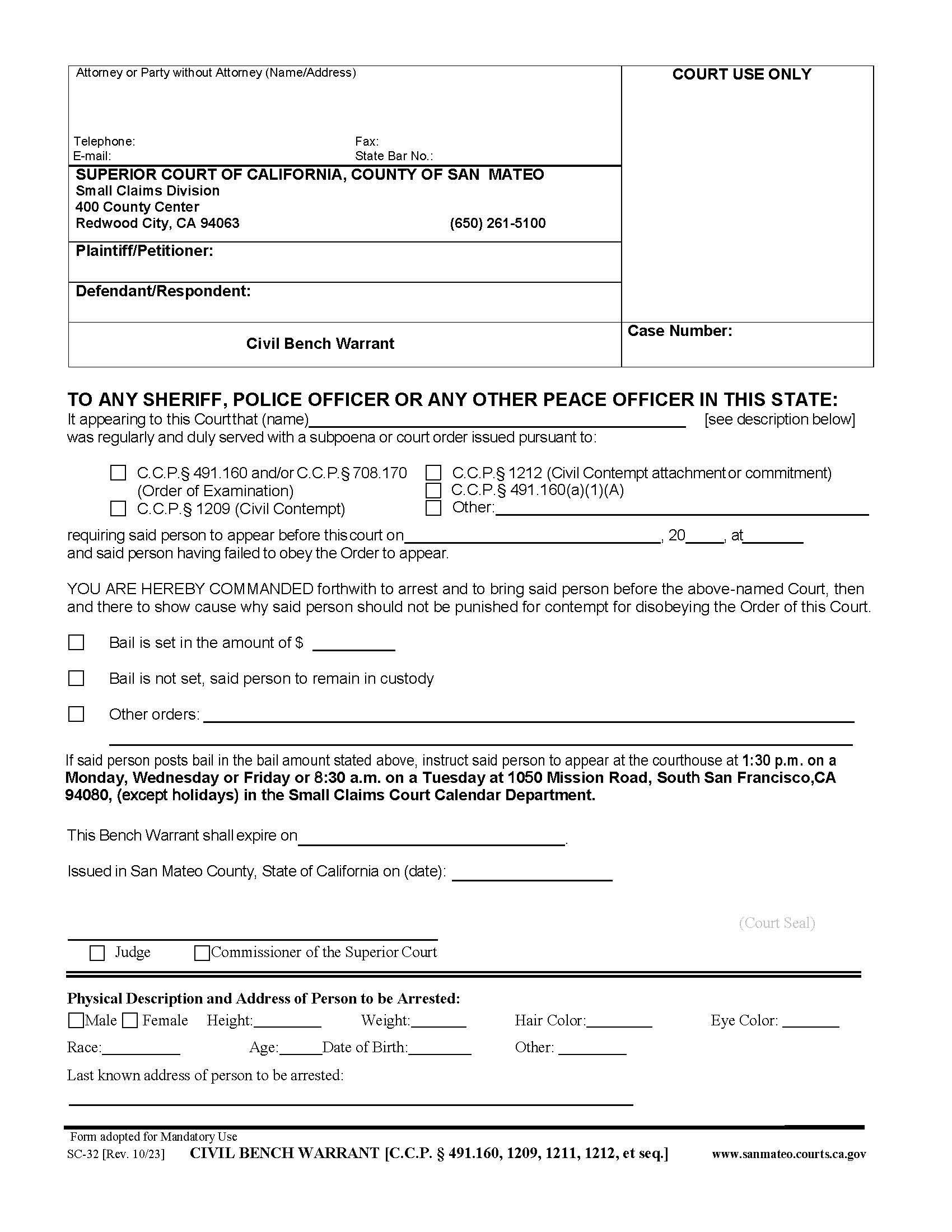 Bench Warrant (Small Claims) {SC-32} | Pdf Fpdf Docx | California