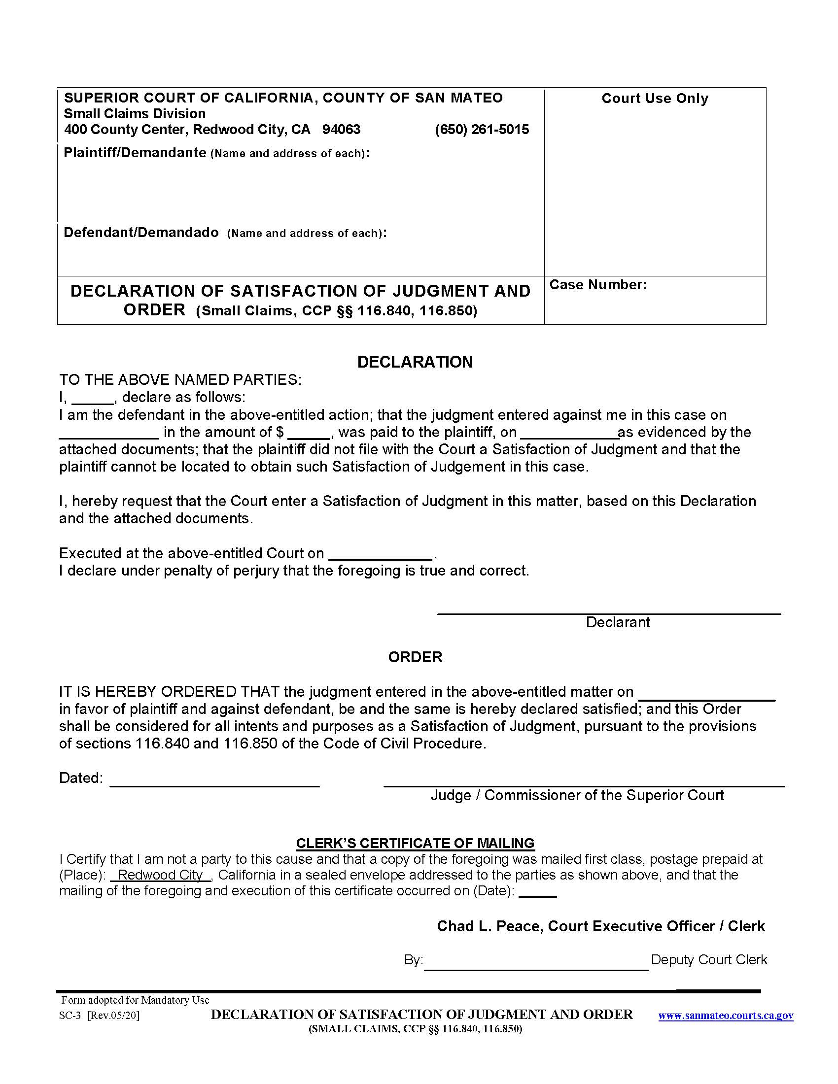 Declaration (Re Satisfaction Of Judgment) {SC-3} | Pdf Fpdf Docx | California