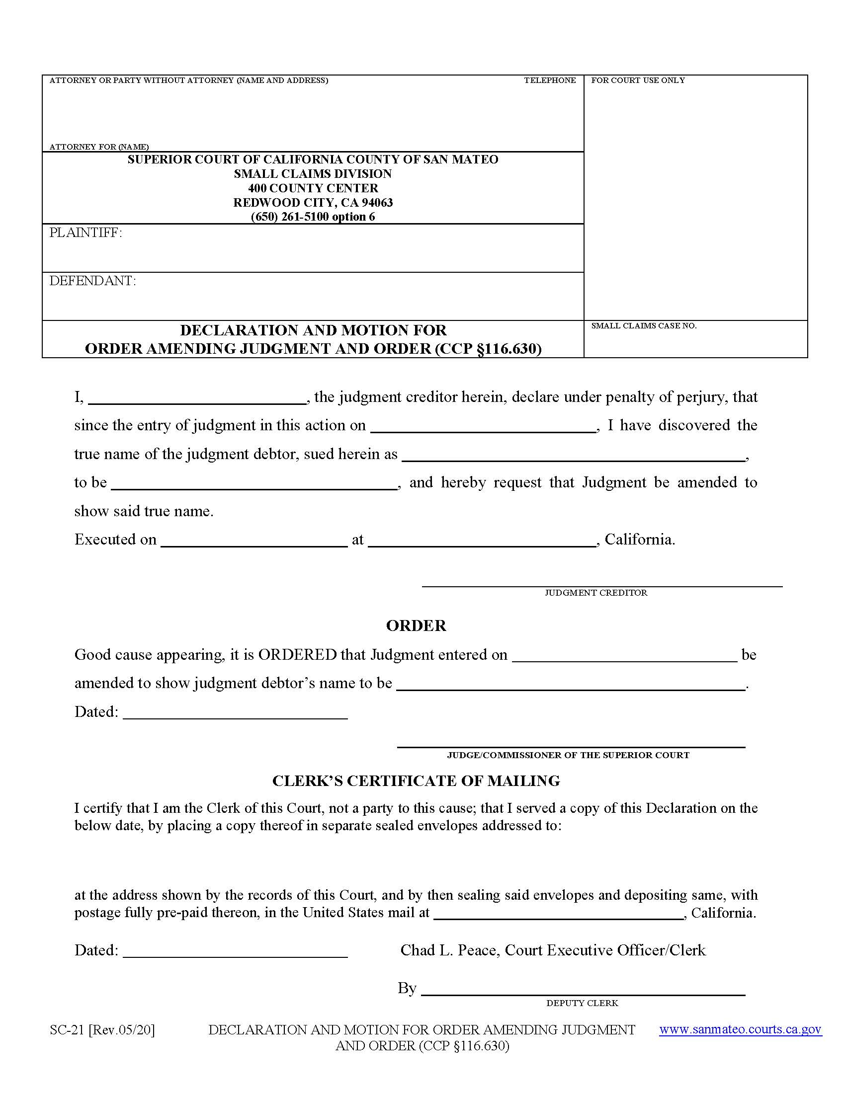 Declaration And Motion For Order Amending Judgment {SC-21} | Pdf Fpdf Docx | California