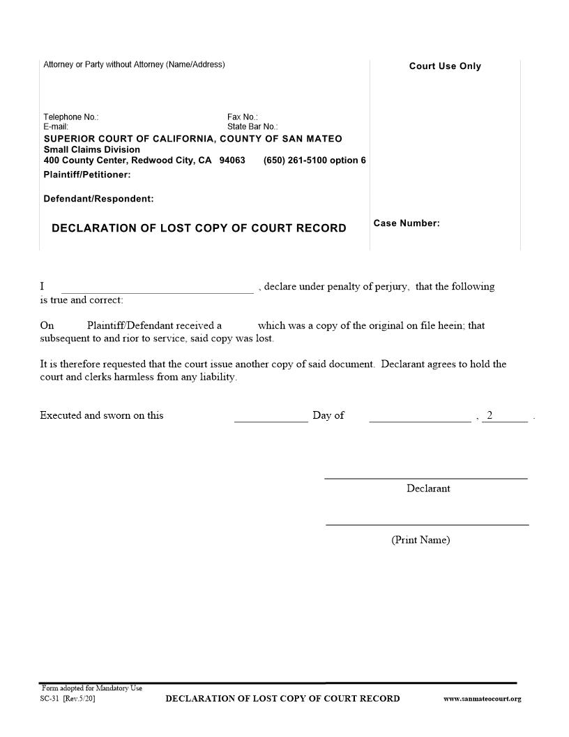 Declaration Of Lost Copy {SC-31} | Pdf Fpdf Doc Docx | California