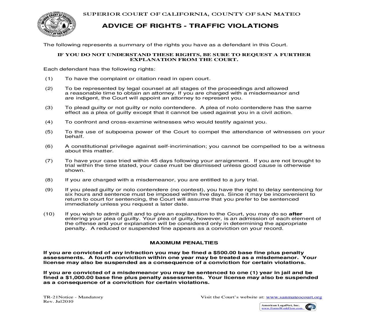 Advice Of Rights-Traffic Violations {TR-21} | Pdf Fpdf Doc Docx | California