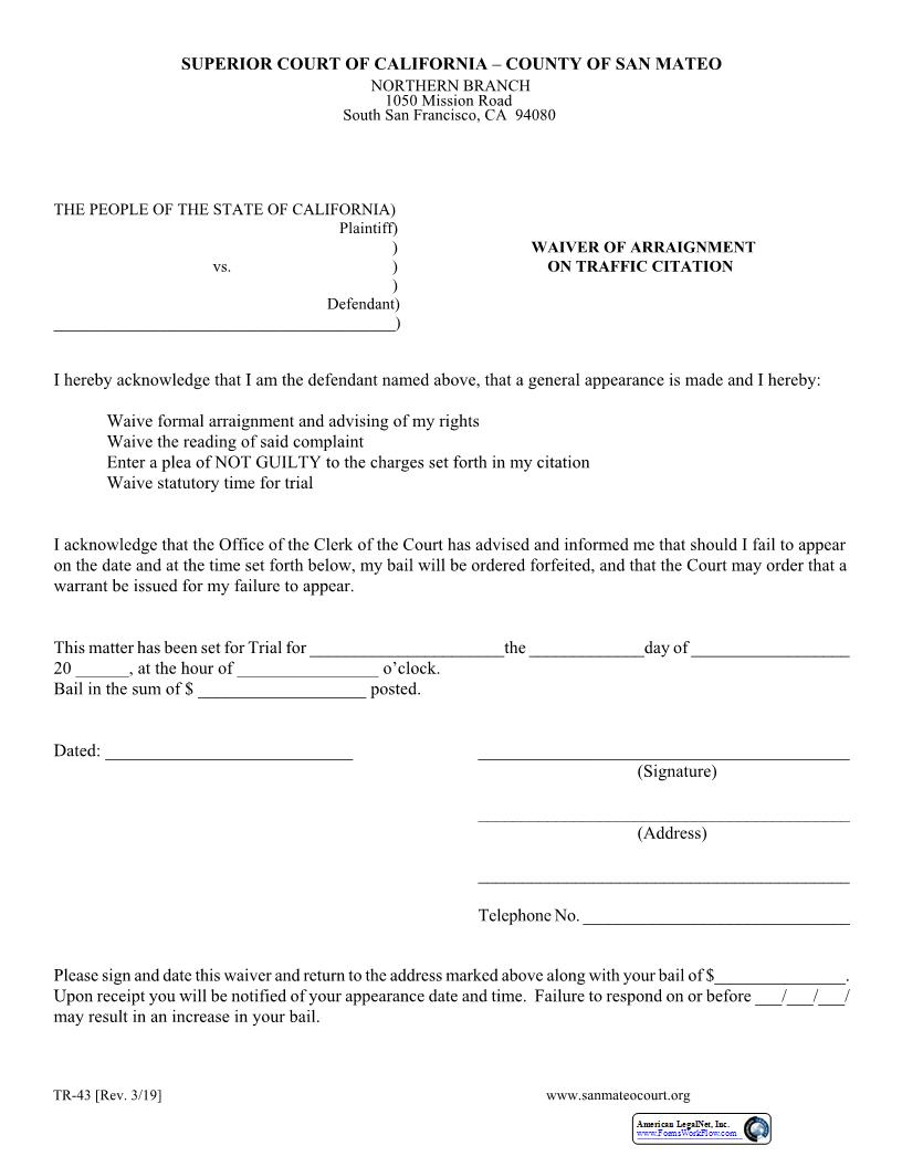 Waiver Of Arraignment On Traffic Citation {TR-43} | Pdf Fpdf Docx | California