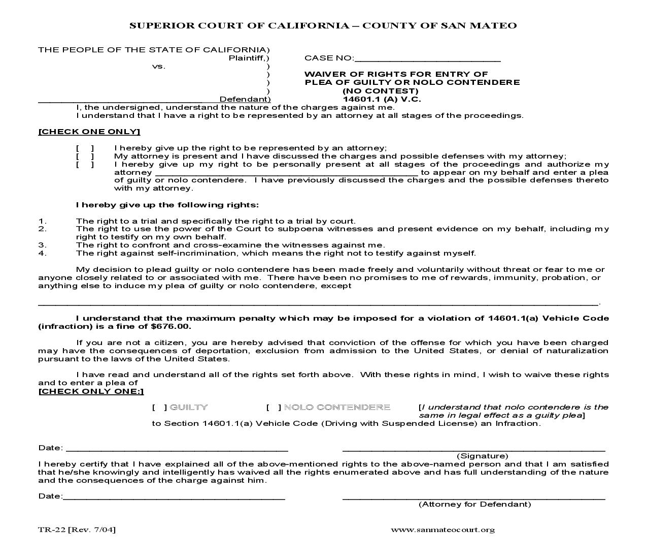Waiver Of Rights For Entry Of Plea Of Guilty Or Nolo Contedere (No Contest) 143601.1(A) VC {TR-22} | Pdf Fpdf Doc Docx | California