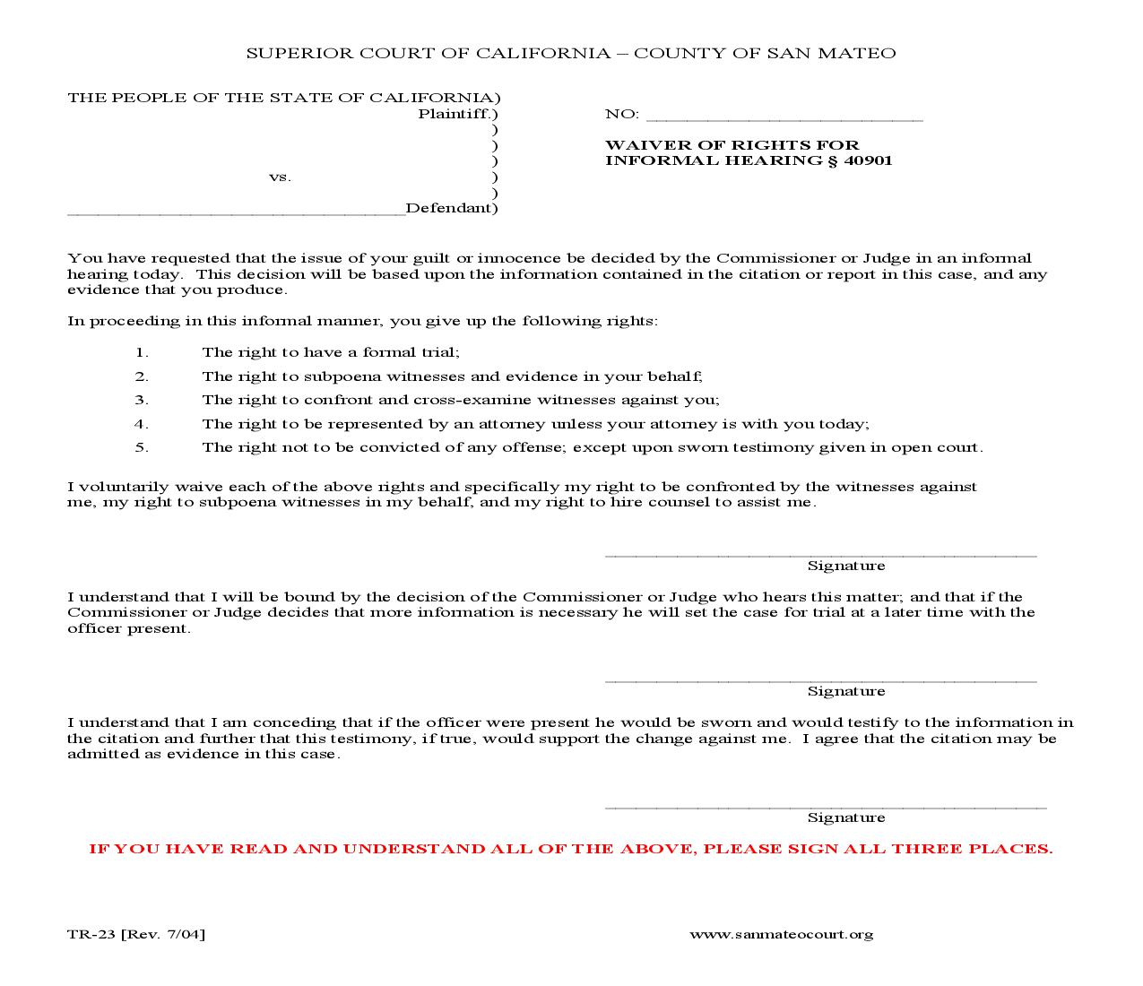 Waiver Of Rights For Informal Hearing 40901 {TR-23} | Pdf Fpdf Doc Docx | California