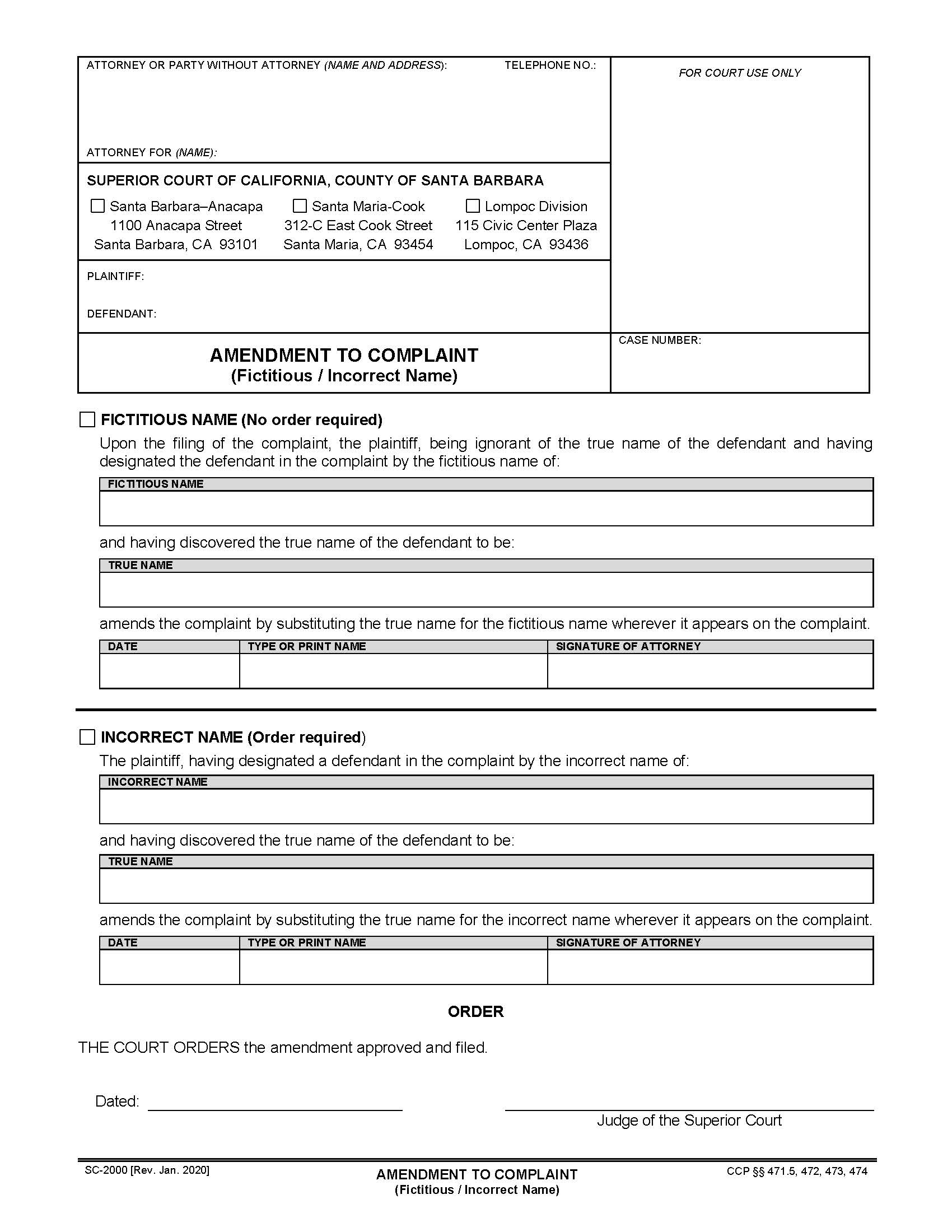 Amendment To Complaint {SC-2000} | Pdf Fpdf Doc Docx | California