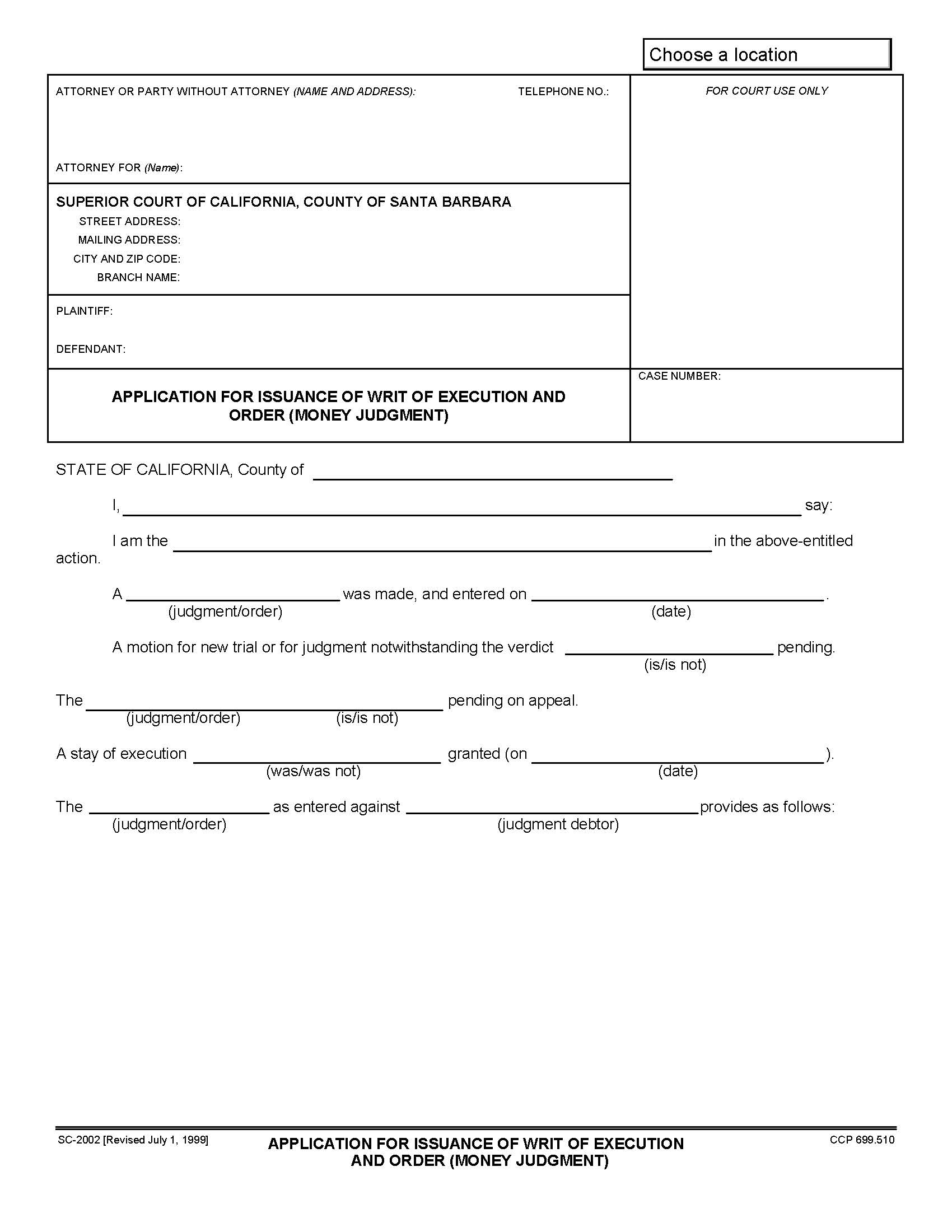 Application For Issuance Of Writ Of Execution And Order Money Judgment {SC-2002} | Pdf Fpdf Doc Docx | California