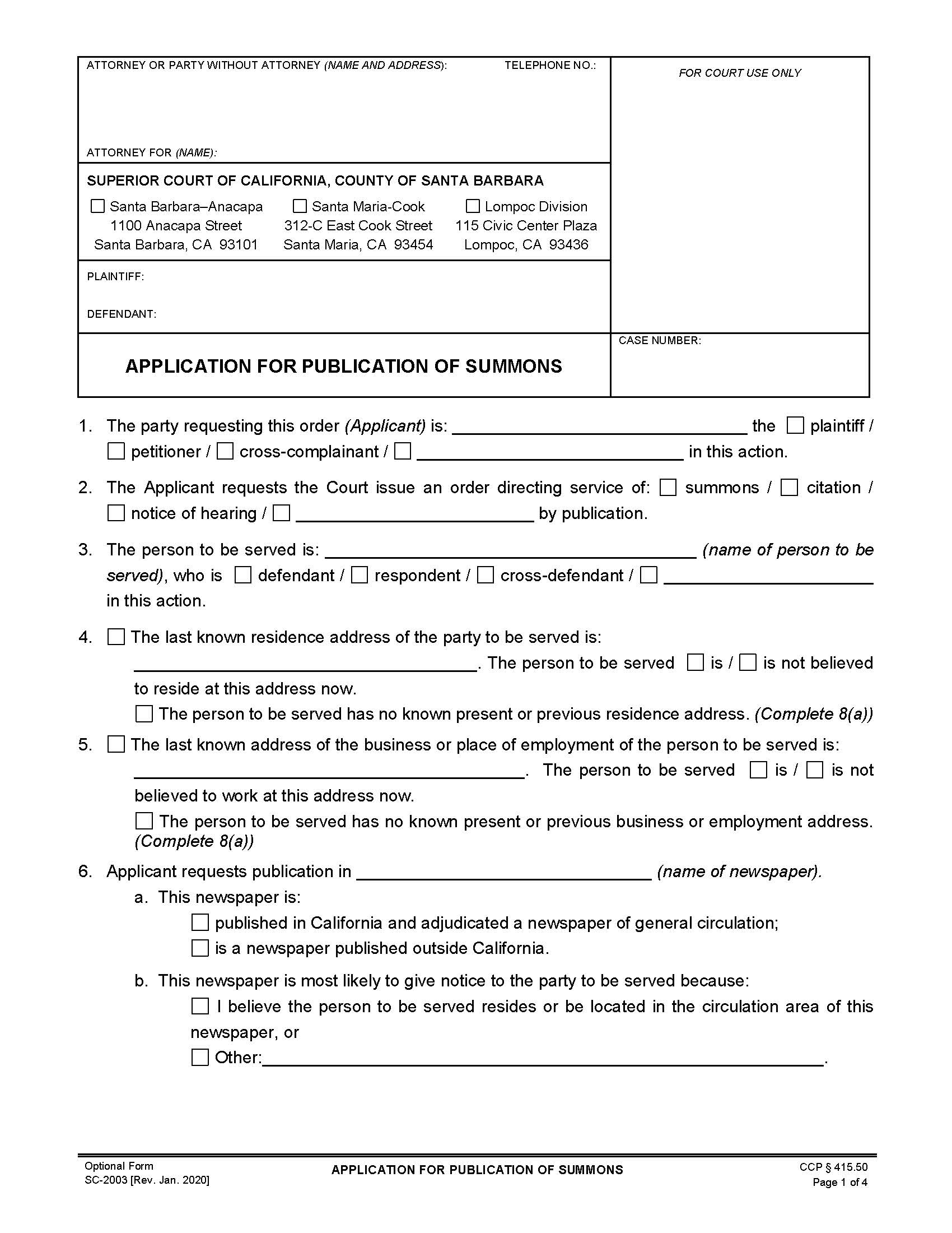 Application For Publication Of Summons {SC-2003} | Pdf Fpdf Doc Docx | California